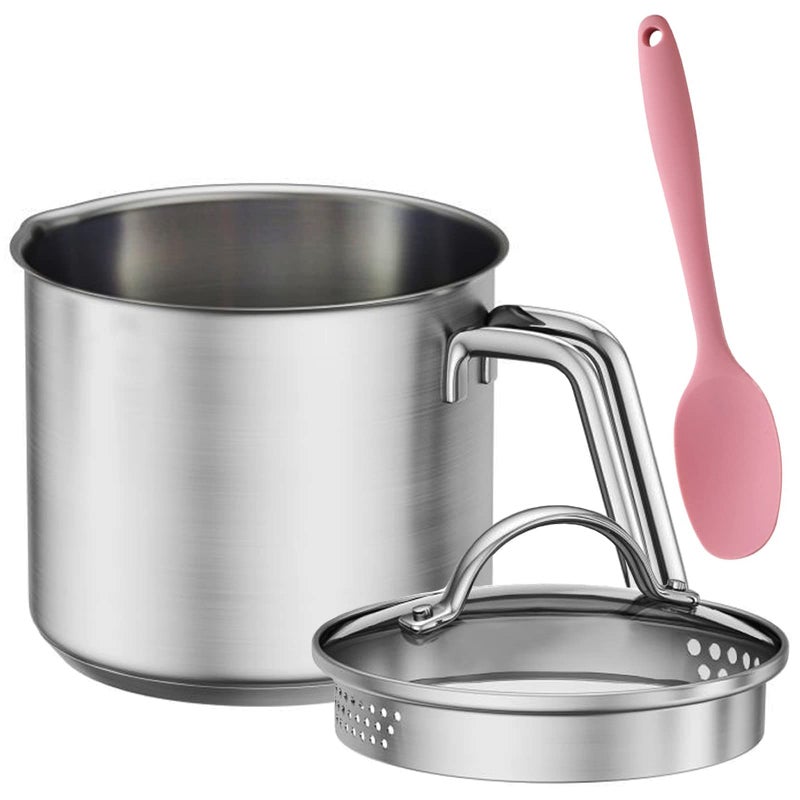 Stainless Steel Saucepan with Glass Lid Multipurpose 15 Quart Sauce pan Sauce Pot with Straining Cover  Pour Spouts for Boiling Milk Sauce Gravies Pasta Noodles