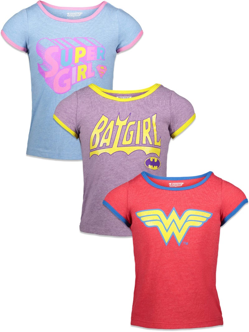 DC Comics Justice League Batgirl Super Girl Wonder Woman Little Girls 3 Pack T-Shirts Red, Purple, and Blue Heather 6-6X - Image 1