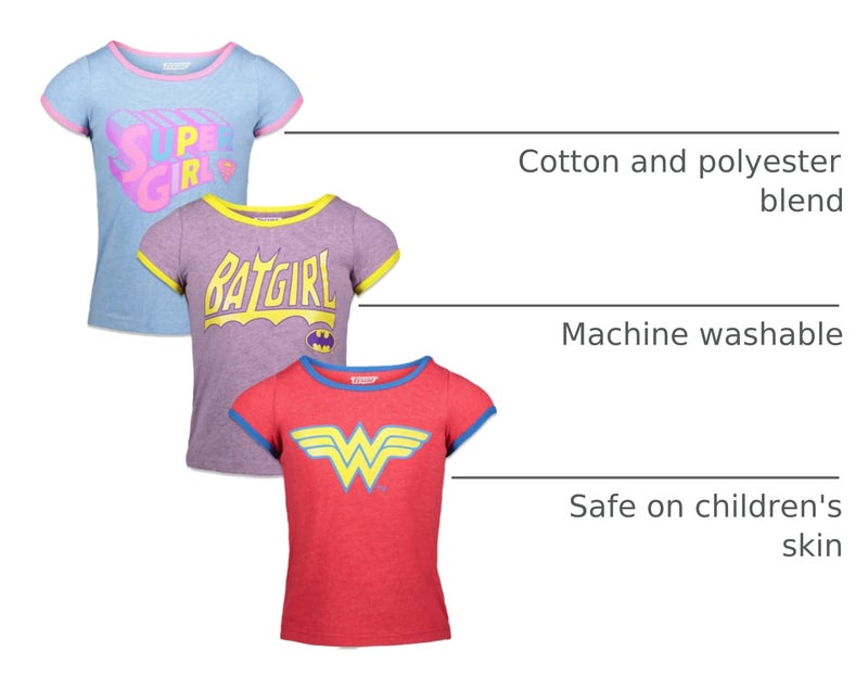 DC Comics Justice League Batgirl Super Girl Wonder Woman Little Girls 3 Pack T-Shirts Red, Purple, and Blue Heather 6-6X - Image 4