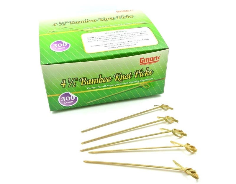 Gmark Bamboo Cocktail Picks 4.5"" 300 Ct - Bamboo Knot Skewers  Looped Knot Twisted Ends Perfect For Cocktail Party  Barbeque  Club Sandwiches - Pack In Box Gm1114 - Image 1