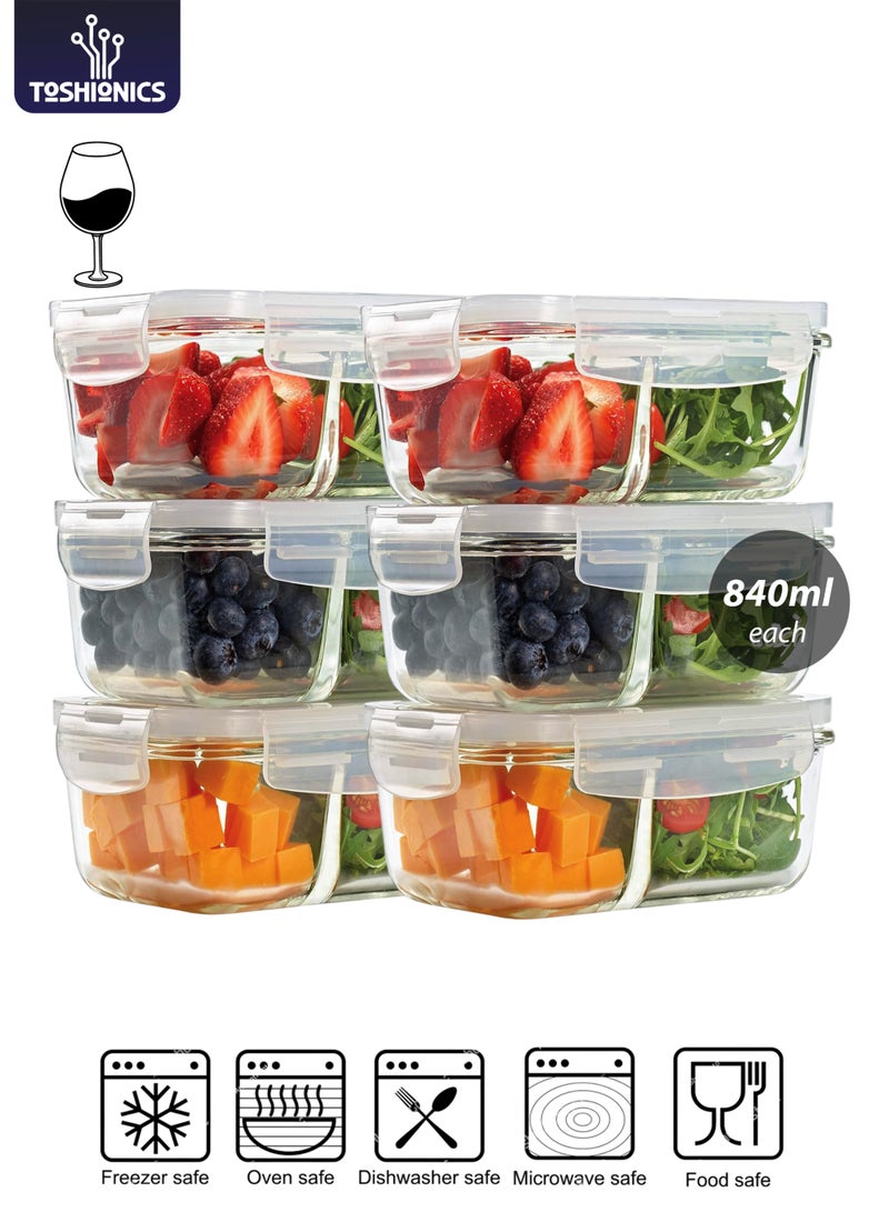 توشيونيكس عبوات زجاجية لتحضير الوجبات، عبوة من 6 قطع - T114607 (سعة كل عبوة 840 مل) - عبوات زجاجية محكمة الغلق لتخزين الطعام مع أغطية، وحجرتين، آمنة للاستخدام في الميكروويف والفرن - Image 1
