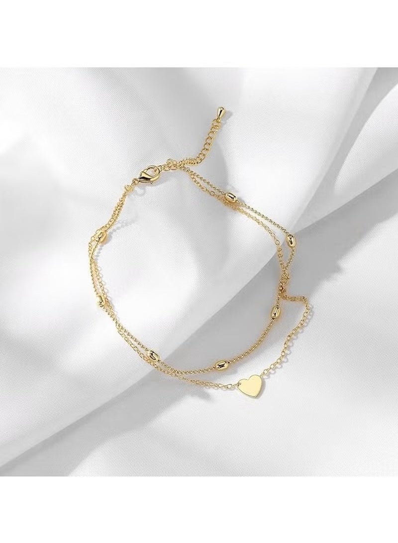 Huitich Elegant Double-Layer Love Heart Anklet – Gold-Tone Alloy Adjustable Ankle Bracelet  - Image 2
