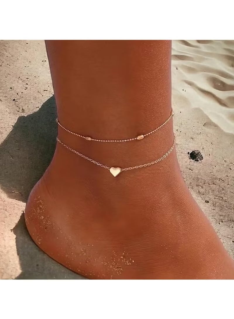 Huitich Elegant Double-Layer Love Heart Anklet – Gold-Tone Alloy Adjustable Ankle Bracelet  - Image 3