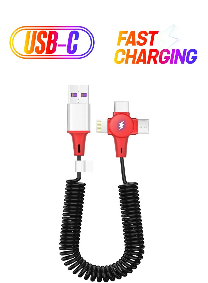 SYOSI Multi Charging Cable for Apple CarPlay Expansion Spring Coiled Cable Three in One Multi Retractable Cable with Micro USB IP Type C Connectors for Android A-pple Samsung - Image 1