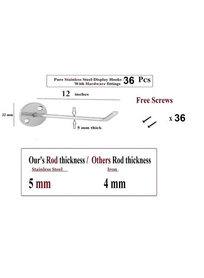 Q1 Beads Q1 Beads 36 Pcs 12" Stainless Steel Wall Mount Display Hook Hanger for Hanging in Mobile Shop, Supermarket, Hanging Accessory (Chrome, 36 Pcs, 12 Inches)  - Image 2