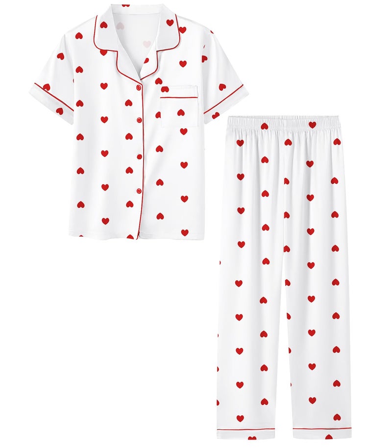 Umeyda Girls Pajamas, Satin Pjs Silk Sleepwear Comfy Summer 2Pcs Lightweight Loungewear Nightwear Gift for Teen Kids, Heart White, 9-10 Years = Tag 150 - Image 1