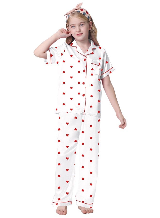 Umeyda Girls Pajamas, Satin Pjs Silk Sleepwear Comfy Summer 2Pcs Lightweight Loungewear Nightwear Gift for Teen Kids, Heart White, 9-10 Years = Tag 150 - Image 2