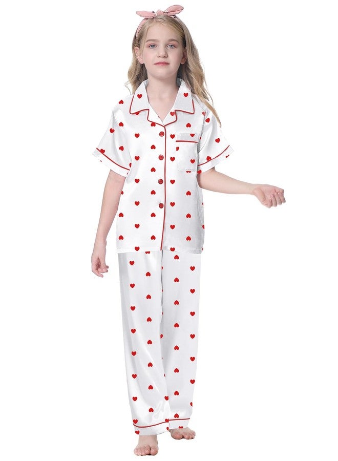 Umeyda Girls Pajamas, Satin Pjs Silk Sleepwear Comfy Summer 2Pcs Lightweight Loungewear Nightwear Gift for Teen Kids, Heart White, 9-10 Years = Tag 150 - Image 3