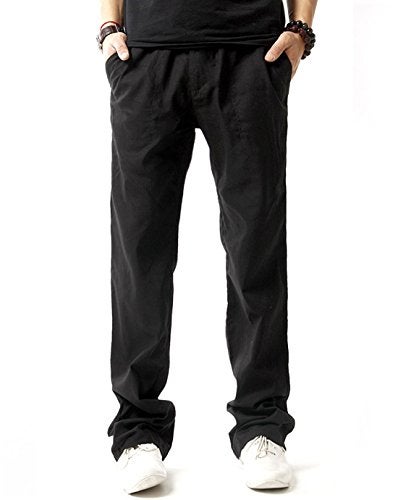 SIR7 Men's Linen Casual Lightweight Drawstrintg Elastic Waist Summer Beach Pants Black L - Image 2