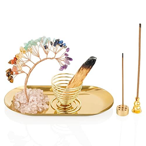 ZenBless 7 Chakra Healing Crystal Tree Incense Holder Palo Santo Sage Burner Brass Ash Catcher for Incense Sticks Coil Cones Yoga Meditation Zen Spiritual Room Home Decoration Oval