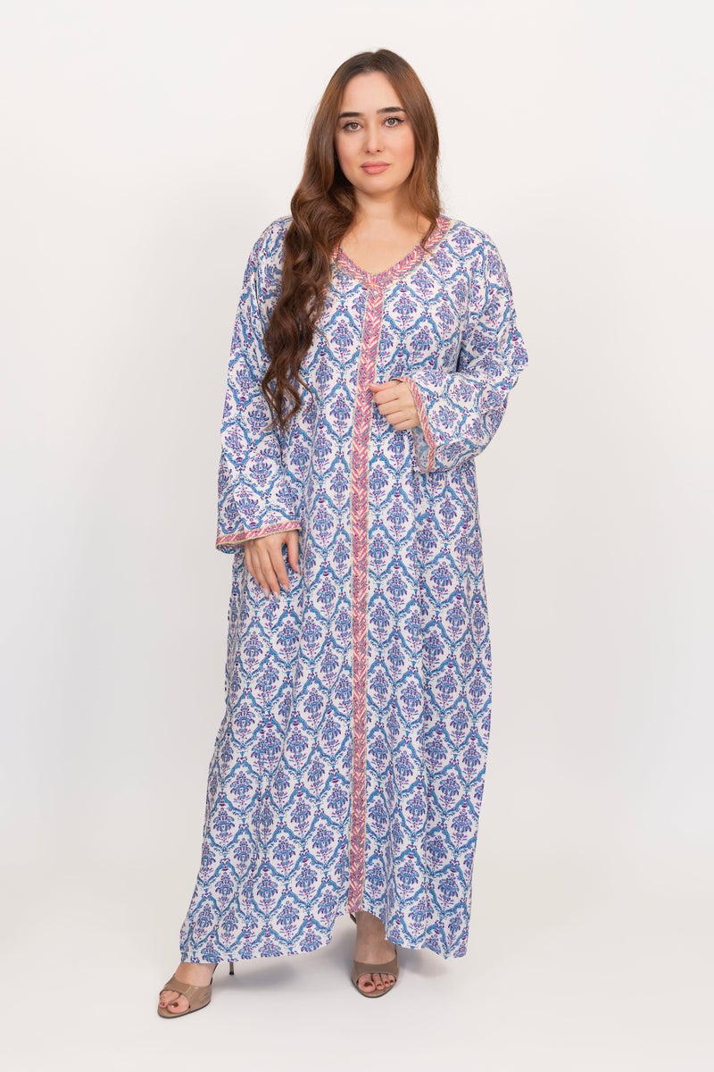 جلابية لينيل الزرقاء للنساء - بنقشة زهور، فستان ماكسي محتشم مناسب للإطلالات اليومية والمناسبات