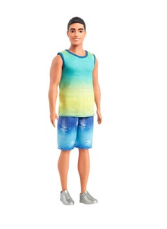 Barbie ​Barbie Fashionistas Ken Doll With Black Hair, Wearing Blue And Green Ombre Tank With Jean Shorts And Silver Sneakers  - Image 1
