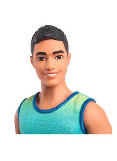Barbie ​Barbie Fashionistas Ken Doll With Black Hair, Wearing Blue And Green Ombre Tank With Jean Shorts And Silver Sneakers  - Image 2