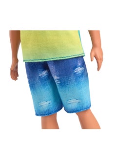Barbie ​Barbie Fashionistas Ken Doll With Black Hair, Wearing Blue And Green Ombre Tank With Jean Shorts And Silver Sneakers  - Image 3