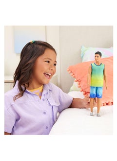 Barbie ​Barbie Fashionistas Ken Doll With Black Hair, Wearing Blue And Green Ombre Tank With Jean Shorts And Silver Sneakers  - Image 5