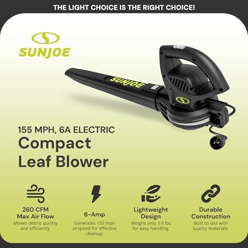 Sun Joe Corded Electric Leaf Blower Machine, 155 MPH, 260 CFM, 6-Amp Motor, Black - Portable and Lightweight Gardening Equipment for Yard Care and Lawn Maintenance, SBJ597E - Image 2