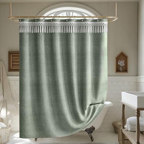 AmazerBath Green Shower Curtains for Bathroom, Boho Farmhouse Shower Curtain with Top Tassels, Sage Green Shower Curtain with 12 Hooks, Faux Linen Fabric Hotel Quality, 72x72 Inches - Image 2