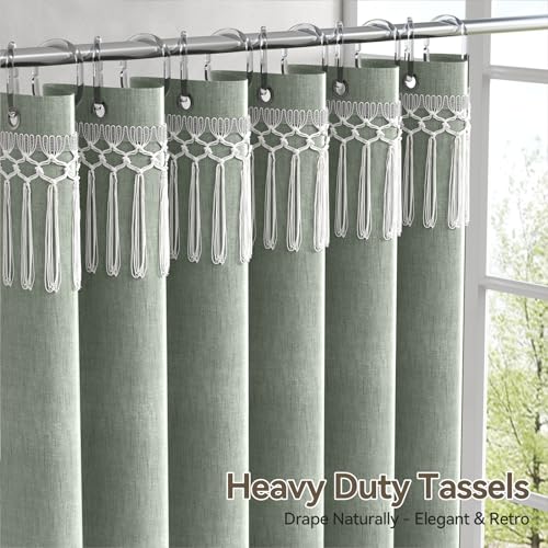 AmazerBath Green Shower Curtains for Bathroom, Boho Farmhouse Shower Curtain with Top Tassels, Sage Green Shower Curtain with 12 Hooks, Faux Linen Fabric Hotel Quality, 72x72 Inches - Image 5