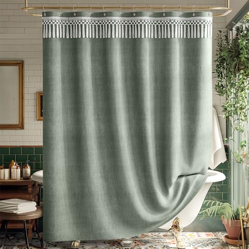 AmazerBath Green Shower Curtains for Bathroom, Boho Farmhouse Shower Curtain with Top Tassels, Sage Green Shower Curtain with 12 Hooks, Faux Linen Fabric Hotel Quality, 72x72 Inches - Image 1