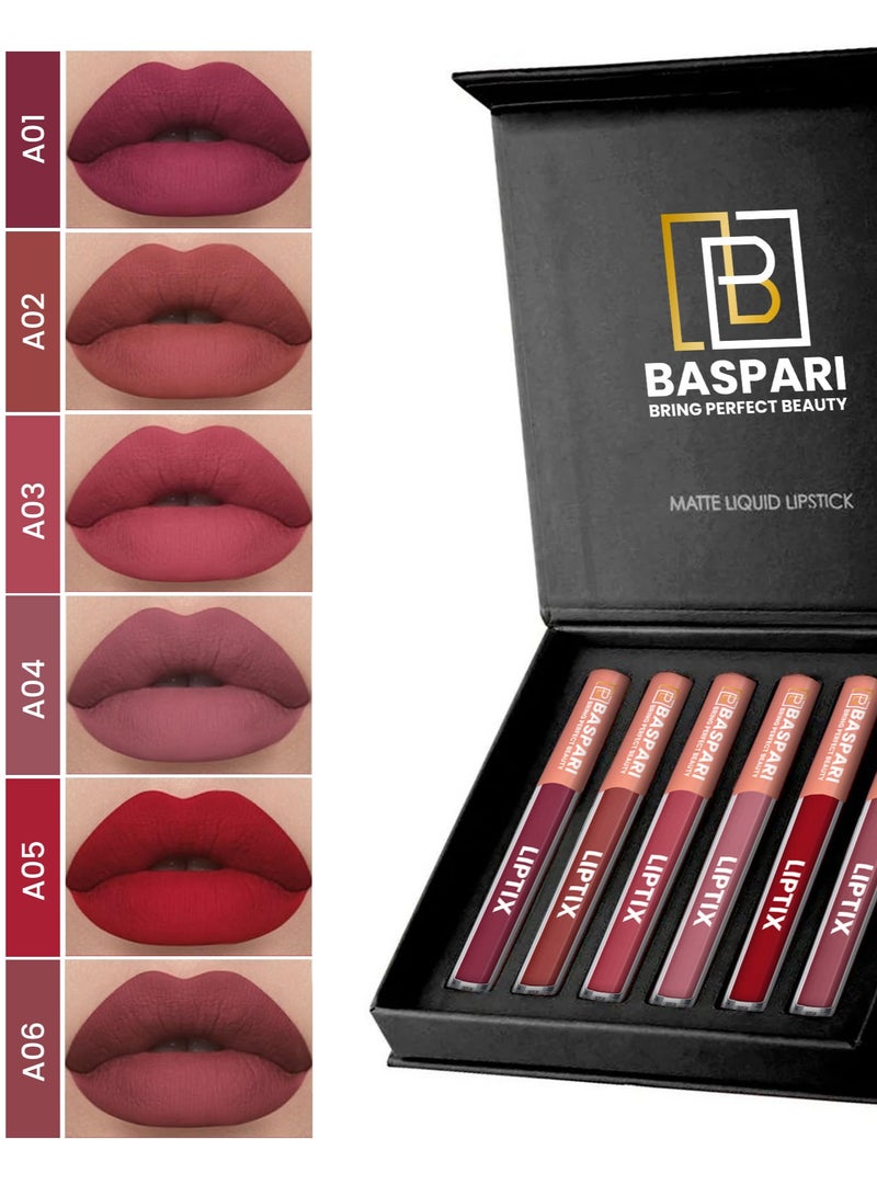 Baspari Matte LIPTIX - Liquid Lipstick Makeup Set, Waterproof Lip Gloss Set of 6 Pcs - Image 1