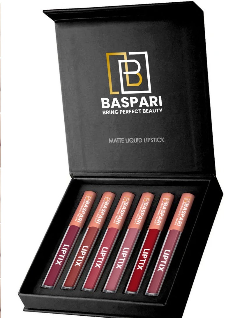 BASPARI Baspari Matte LIPTIX - Liquid Lipstick Makeup Set, Waterproof Lip Gloss Set of 6 Pcs  - Image 1