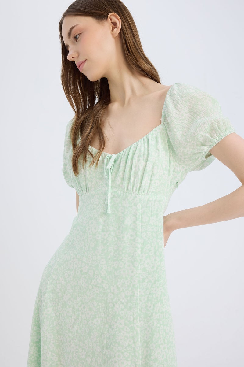 DeFacto Green Woman Heart Collar Floral Crinkle Fabric Mini Dress Casual - Image 4