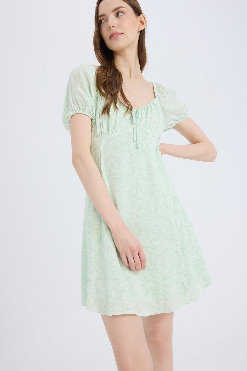 DeFacto Green Woman Heart Collar Floral Crinkle Fabric Mini Dress Casual - Image 5