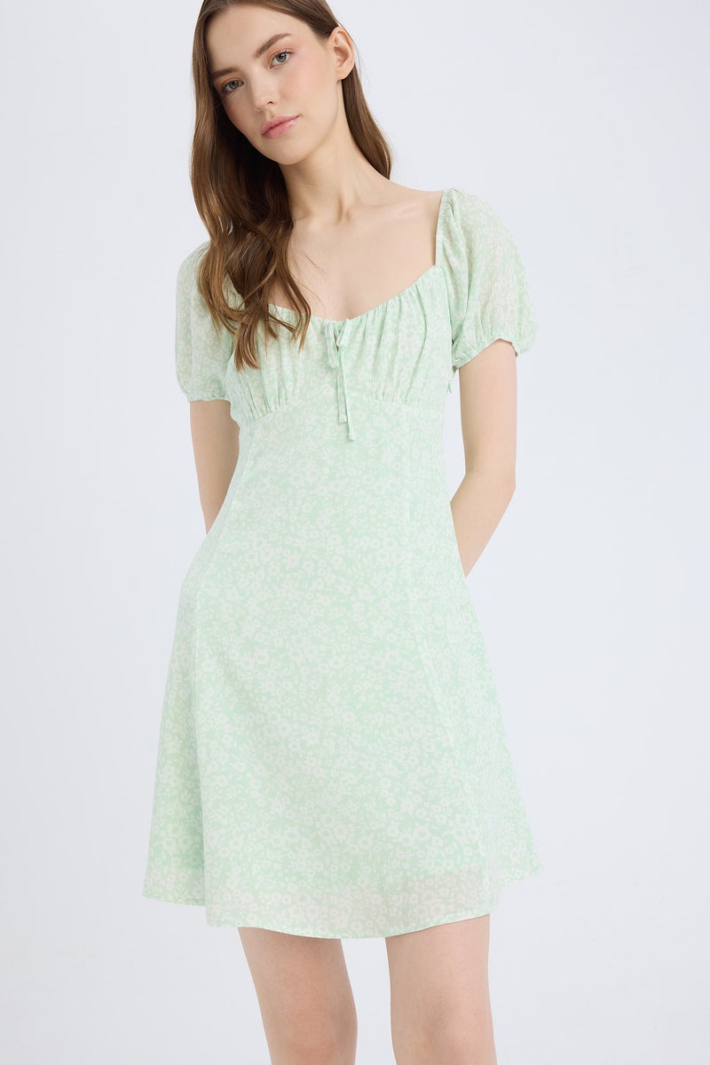 DeFacto Green Woman Heart Collar Floral Crinkle Fabric Mini Dress Casual - Image 2