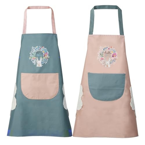 DILLMAN Women Kitchen Apron with Hand Wipe PocketsBig PocketHandwiping Waterproof for Cooking Baking Blue Pink - Image 1