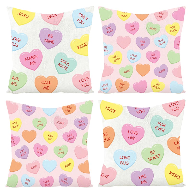 WATINC 4Pcs Valentines Day Candy Conversation Cute Heart Throw Pillow Covers Burlap Hearts Love Cushion Case Decoration for Sofa Couch 2 Designs Square Valentine Theme Party Home Decor 18 x 18 In