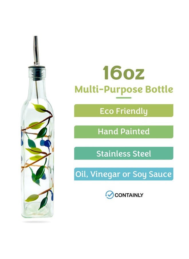 Containly Glass Olive Branch Oil/Vinegar Glass Cruet for Kitchen, 16 oz Olive Oil Dispenser With Stainless Steel Spout for Easy Pouring - Image 2
