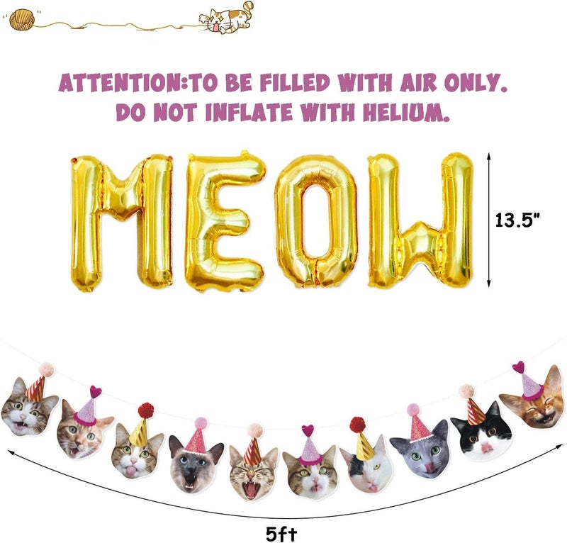 Bessmoso Funny Cat Party Garland Meow Letter Balloons Cats Faces with Party Hats Banner Kitten Bunting Photo Props for Cat Theme Birthday Party Pet Adoption Party Supplies - Image 4