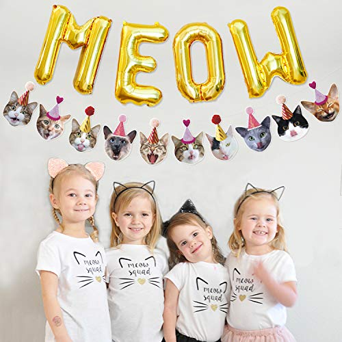 Bessmoso Funny Cat Party Garland Meow Letter Balloons Cats Faces with Party Hats Banner Kitten Bunting Photo Props for Cat Theme Birthday Party Pet Adoption Party Supplies - Image 3