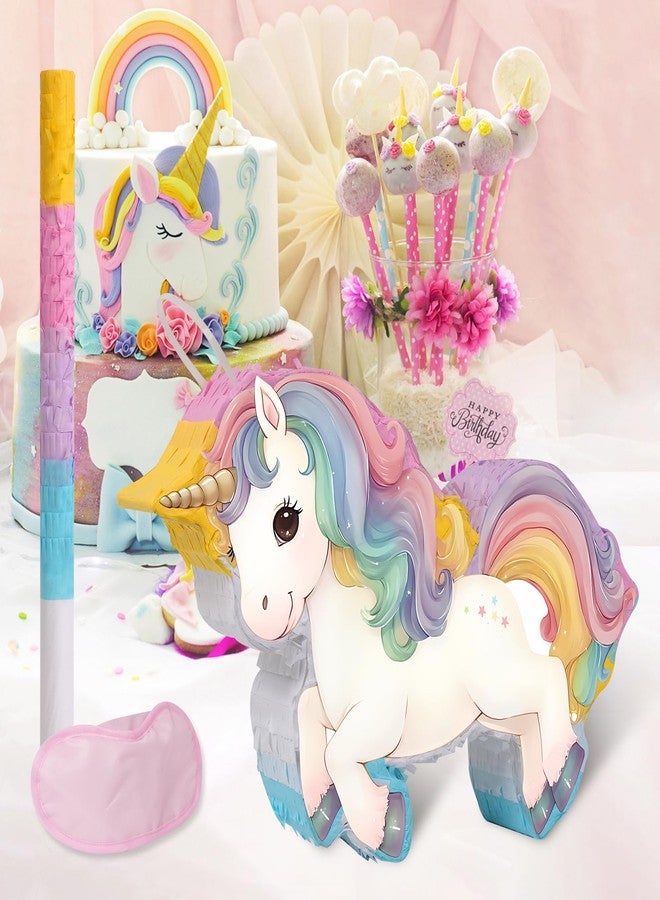 JOARHONAL Magical Unicorn Piñata - Unicorn Piñata with Blindfold and Bat for Girls Kids Rainbow Unicorn Theme Birthday Party Games Decorations (Small Size 16”x10”x3”) - Image 4