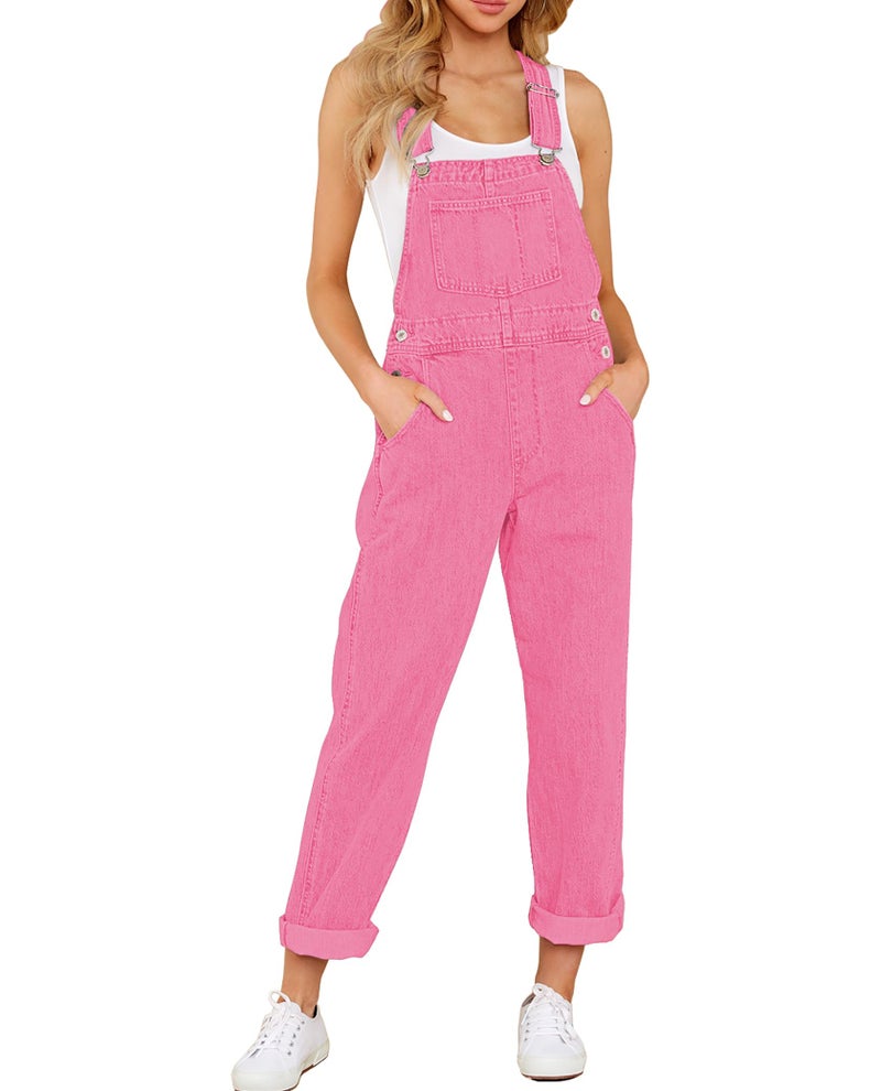 luvamia Overalls for Women Loose Fit Classic Bib Casual Jean Stretchy Denim Overall Jumpsuit Tapered Leg Womens Overall Jumpsuit Pink Denim Overalls Women Candy Pink Size Medium Size 8 Size 10 - Image 1