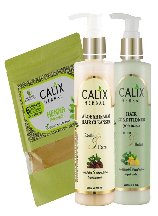 كلاليكس هيربال شامبو كاليكس هيربال العضوي والأيورفيدي بخلاصة الصبار والشيكاكاي لتنظيف الشعر 200 مل + حناء مهندي 100 جم + بلسم للشعر (مع الحناء) 200 مل - مجموعة متكاملة للعناية بالشعر للرجال والنساء وجميع أنواع الشعر - Image 1