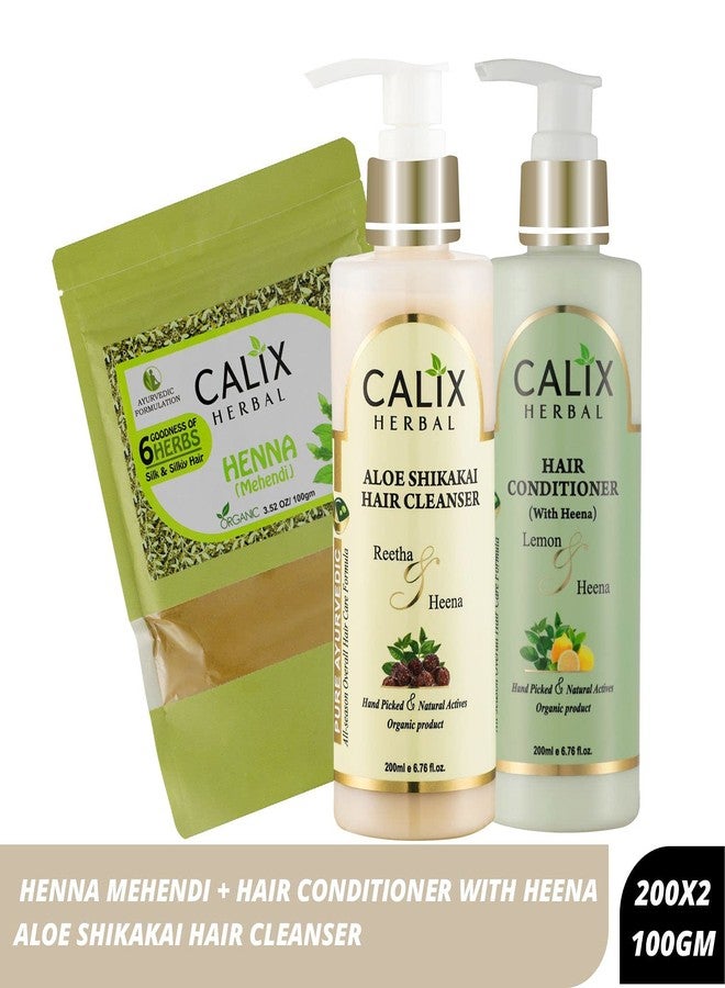 كلاليكس هيربال شامبو كاليكس هيربال العضوي والأيورفيدي بخلاصة الصبار والشيكاكاي لتنظيف الشعر 200 مل + حناء مهندي 100 جم + بلسم للشعر (مع الحناء) 200 مل - مجموعة متكاملة للعناية بالشعر للرجال والنساء وجميع أنواع الشعر - Image 2