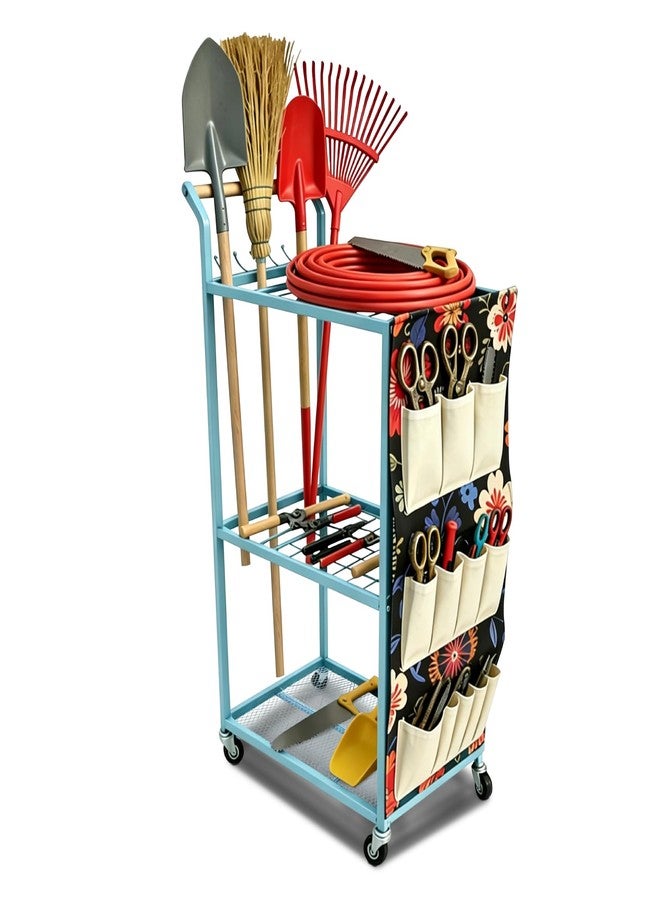 ANBOO Garden Tool Organizer with Wheels Heavy Duty Yard Tool Organizer Rack with Side Storage Pockets Sturdy Metal Steel Holder with 6 Hooks for Garage, Yard, Patio, Shed - Image 1