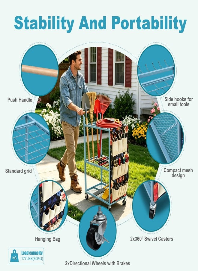 ANBOO Garden Tool Organizer with Wheels Heavy Duty Yard Tool Organizer Rack with Side Storage Pockets Sturdy Metal Steel Holder with 6 Hooks for Garage, Yard, Patio, Shed - Image 4