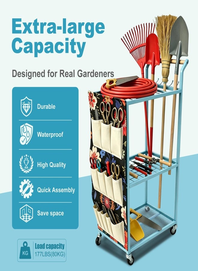ANBOO Garden Tool Organizer with Wheels Heavy Duty Yard Tool Organizer Rack with Side Storage Pockets Sturdy Metal Steel Holder with 6 Hooks for Garage, Yard, Patio, Shed - Image 3