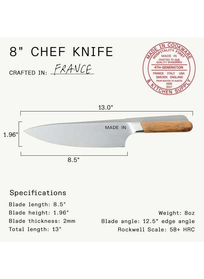Madein Cookware - 20.3 cm Chef Knife - Handmade in France - Full tongs with olive wood handle - Image 5
