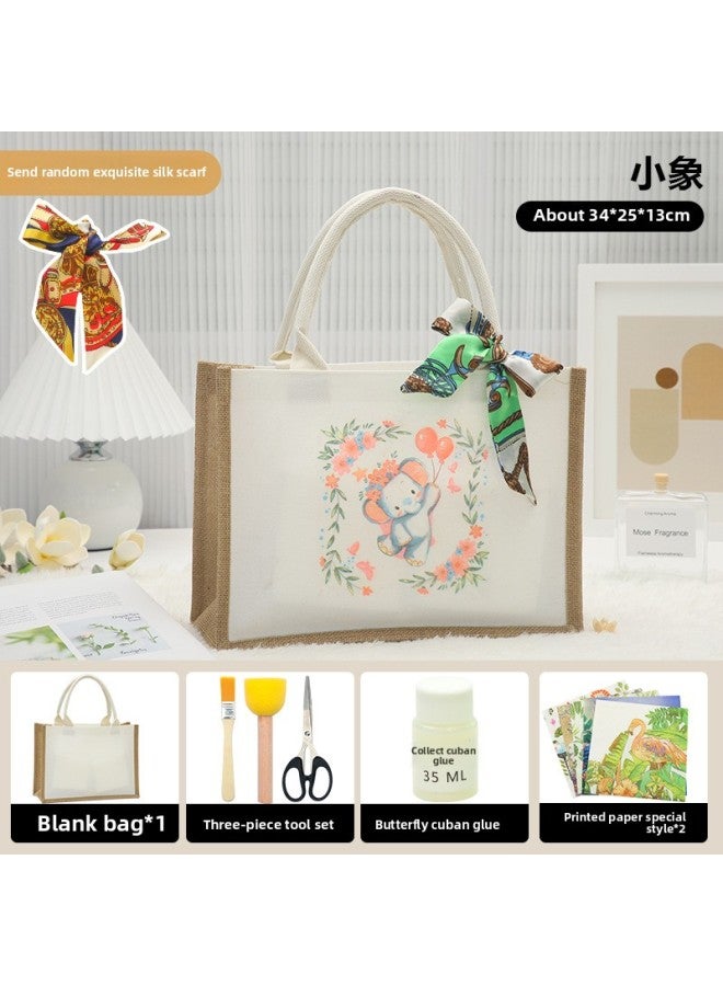 Thanksgiving Diy Handmade Butterfly Ancient Bart Canvas Tote Bag Sack Paste Group Building Parent-child Material Bag Warm-up Field-Color:LB-N5 Elephant Material Contains Scissors Glue_horizontal  - Image 1