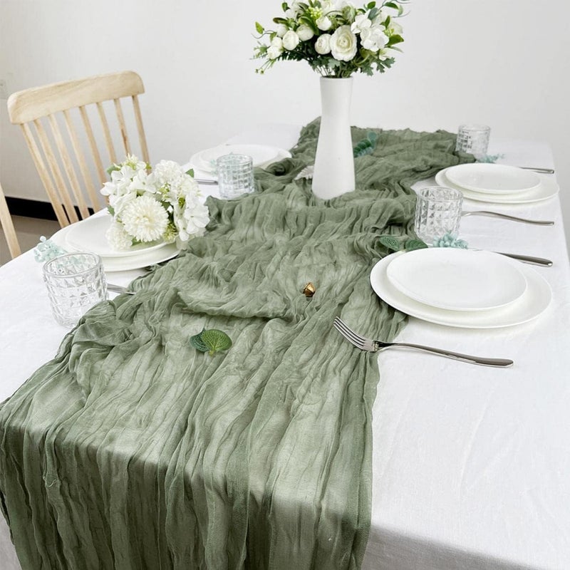 Lonimia Table Runner, Gauze Table Runner, Semi-Transparent Fabric, Elegant Gauze Decoration, Rustic Table Runner, Cheesecloth, Washable, Wedding, Vintage, Birthday, Baby Shower Decoration, 90 x 400 cm (Green) - Image 1
