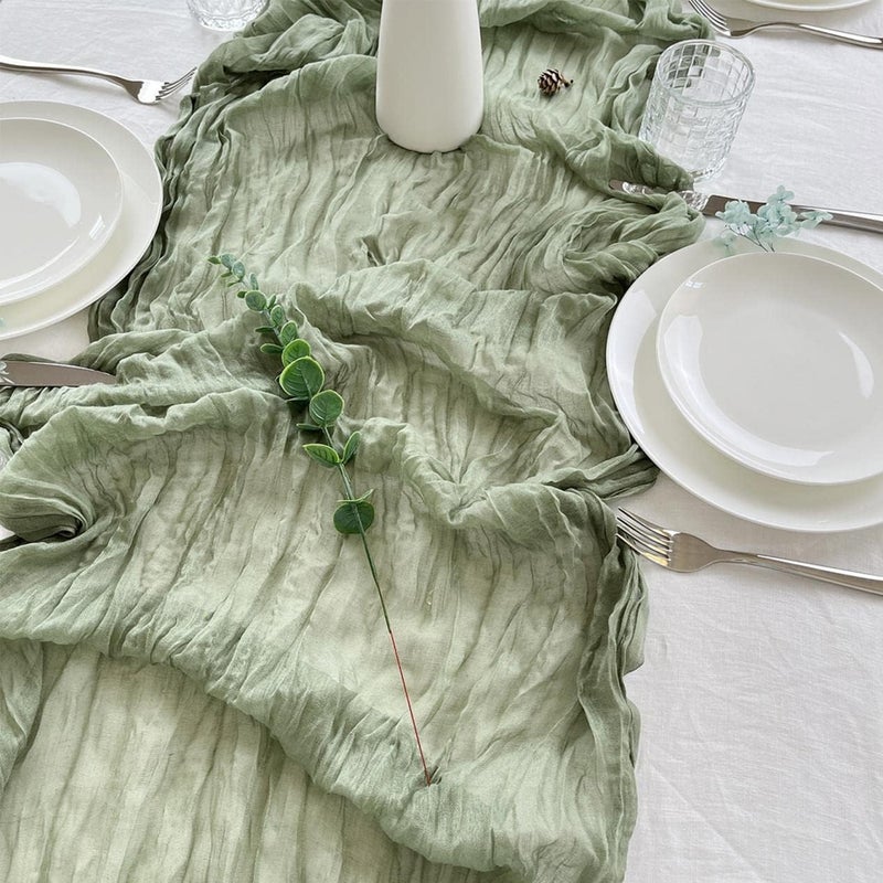 Lonimia Table Runner, Gauze Table Runner, Semi-Transparent Fabric, Elegant Gauze Decoration, Rustic Table Runner, Cheesecloth, Washable, Wedding, Vintage, Birthday, Baby Shower Decoration, 90 x 400 cm (Green) - Image 2