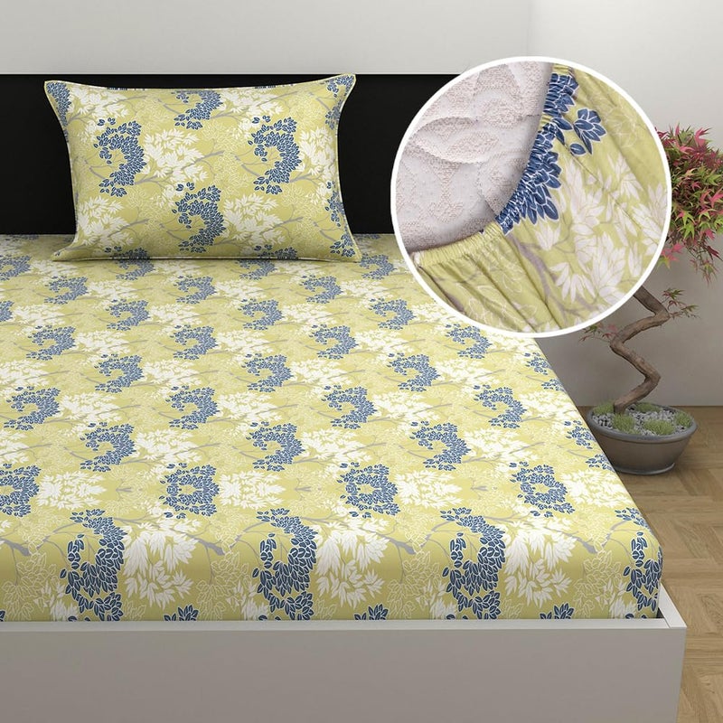 Divine Casa 144 TC Cotton Abstract Print Single Bed Elastic Fitted Bedsheet with 1 Pillow Cover 90 X 198 15 cm Juniper Green