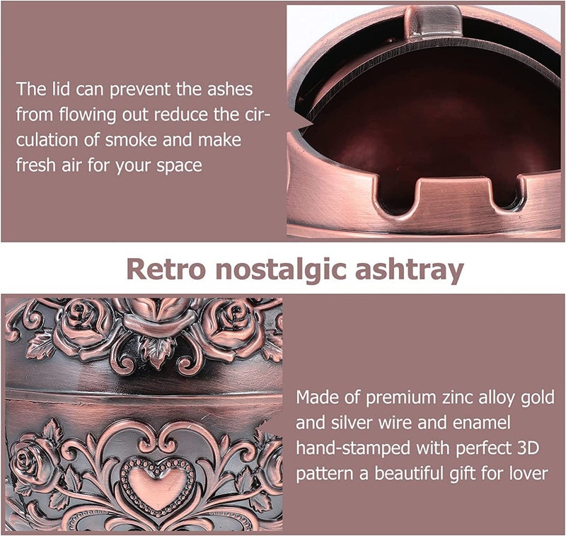 Scizor Vintage Windproof Ashtray with Lid for Cigarettes Portable Metal Ashtray for Indoor Outdoor Odor Elimination Rose Print Elegant Gift for Men and Women - Image 5