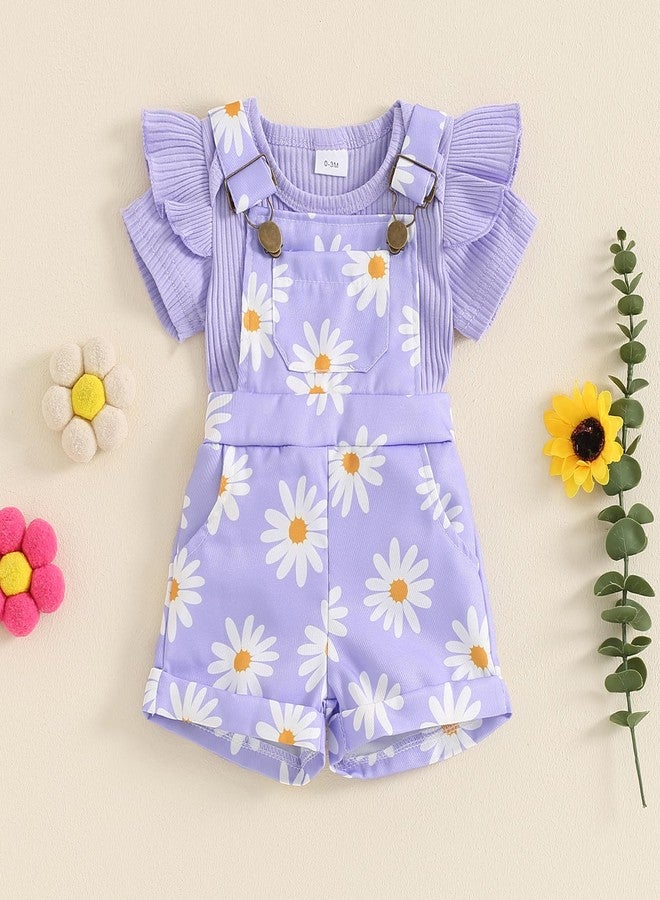 DSORVICD Newborn Baby Girl Summer Clothes Ribbed Ruffle Short Sleeve Romper Daisy Suspender Overall Shorts 2Pc Outfits (Purple, 0-3 Months) - Image 3