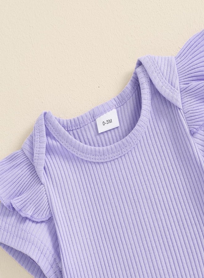 DSORVICD Newborn Baby Girl Summer Clothes Ribbed Ruffle Short Sleeve Romper Daisy Suspender Overall Shorts 2Pc Outfits (Purple, 0-3 Months) - Image 5