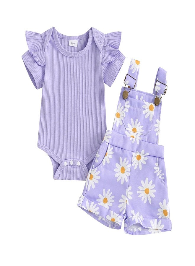 DSORVICD Newborn Baby Girl Summer Clothes Ribbed Ruffle Short Sleeve Romper Daisy Suspender Overall Shorts 2Pc Outfits (Purple, 0-3 Months) - Image 1