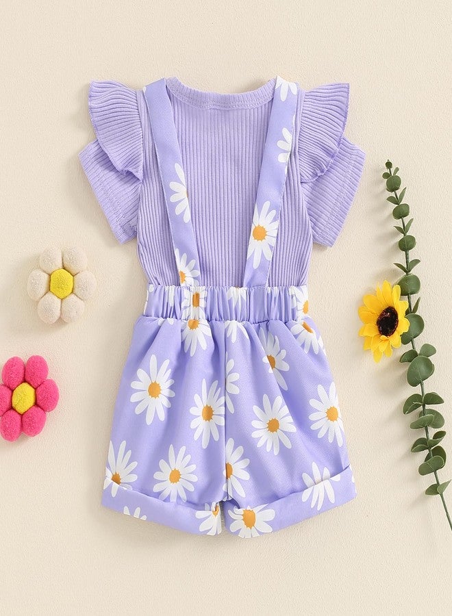 DSORVICD Newborn Baby Girl Summer Clothes Ribbed Ruffle Short Sleeve Romper Daisy Suspender Overall Shorts 2Pc Outfits (Purple, 0-3 Months) - Image 4